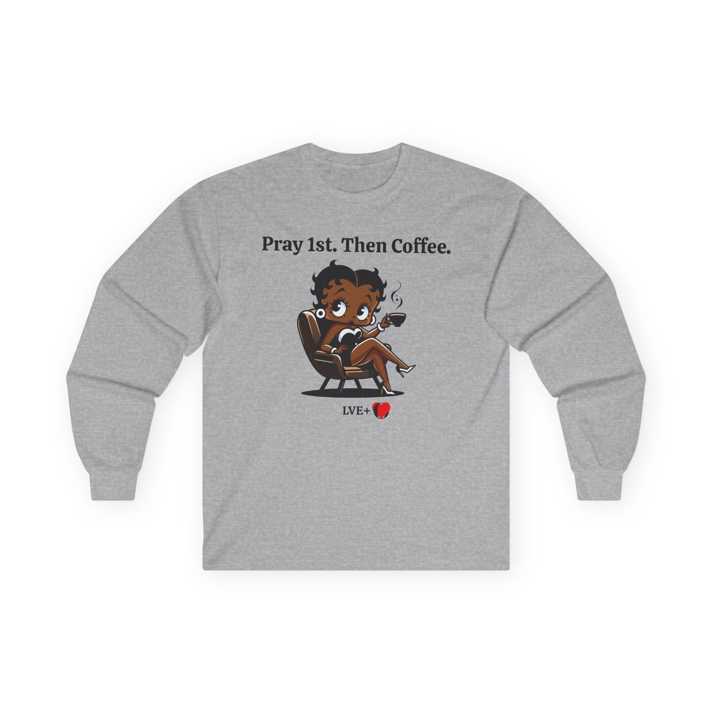 Betty Boop Pray Coffee T-Shirt -  Unisex Long Sleeve Top, Retro Cartoon Graphic Shirt, Religious Pray Shirt, Coffee Lover Top, Gift for Him, Gift for Her, Unisex Cotton Sweater, Pop