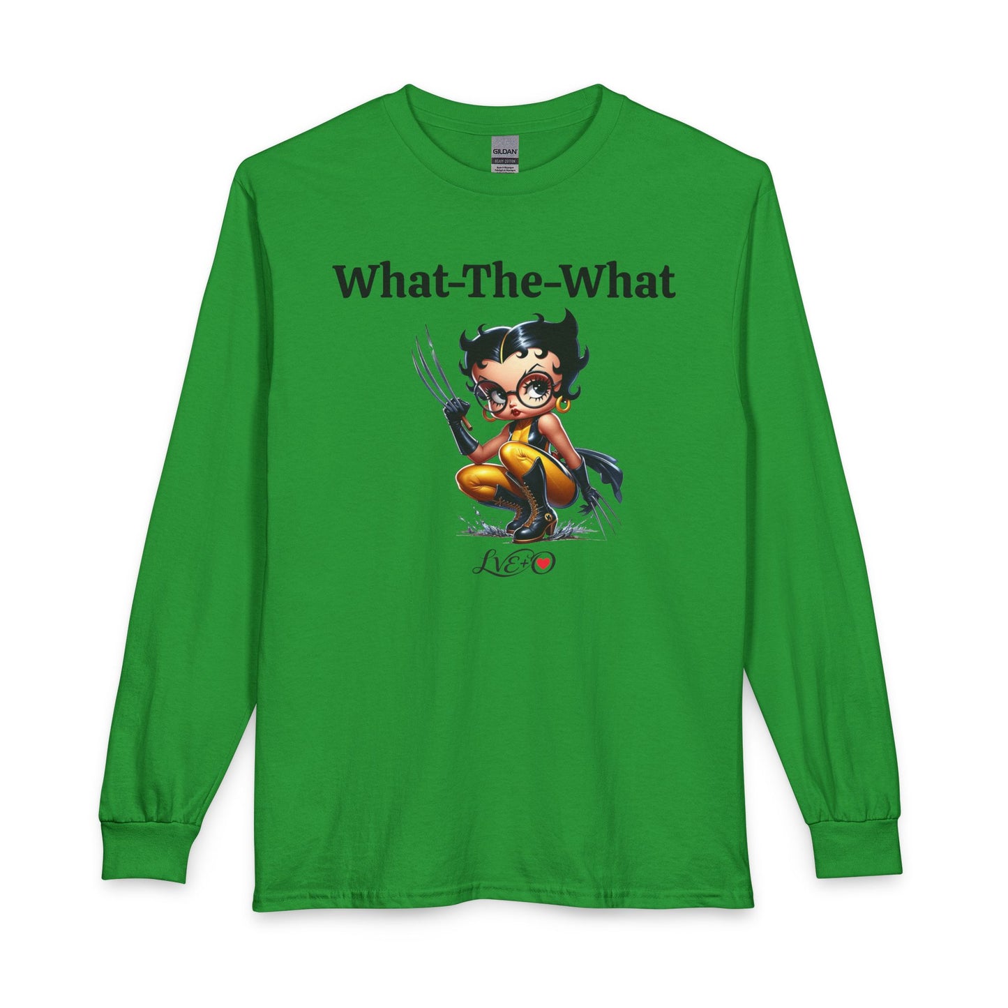 Long Sleeve T‑Shirt — “What-The-What” Cute Wolverine Cartoon Graphic, Funny Betty Boop Top, Unisex T-shirt