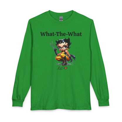 Long Sleeve T‑Shirt — “What-The-What” Cute Wolverine Cartoon Graphic, Funny Betty Boop Top, Unisex T-shirt