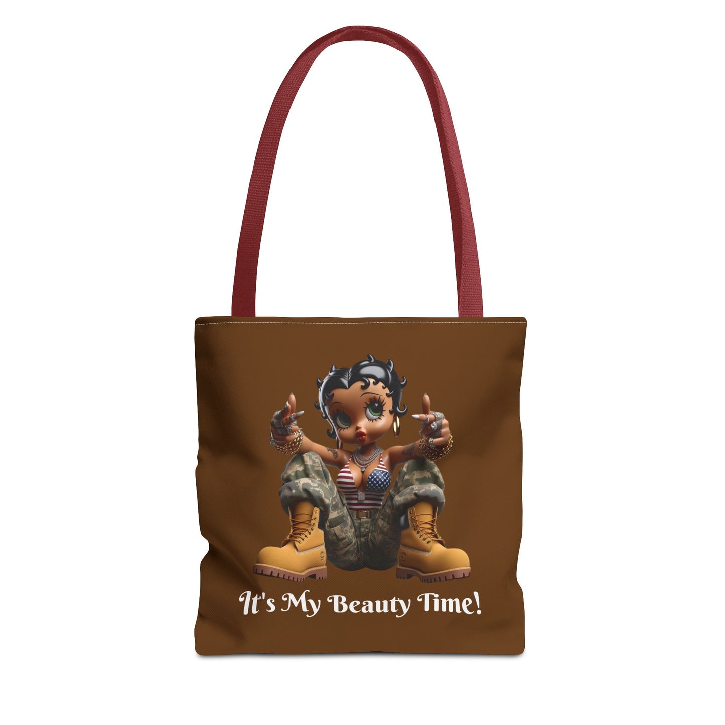 Patriotic Betty Boop Brown Tote Bag - USA Military Appreciation - Unique Shoulder Handbag for Shopping, Travel, Work - Stylish Carryall, Fun Cartoon Design