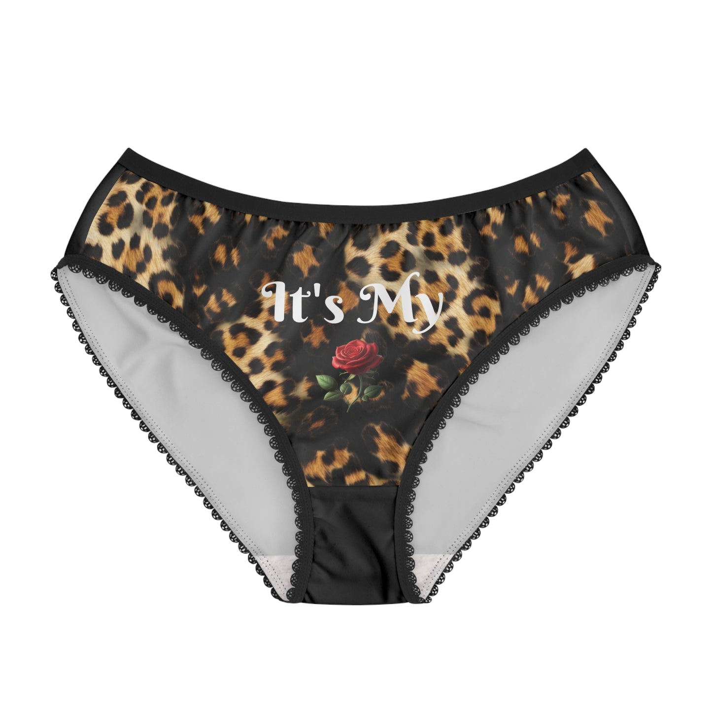Women's Leopard Black Briefs — "It's My Beauty Time" Rose Print, Women's Underwear, Gift for Her, Pretty Panties