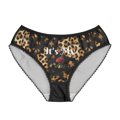 Women's Leopard Black Briefs — "It's My Beauty Time" Rose Print, Women's Underwear, Gift for Her, Pretty Panties