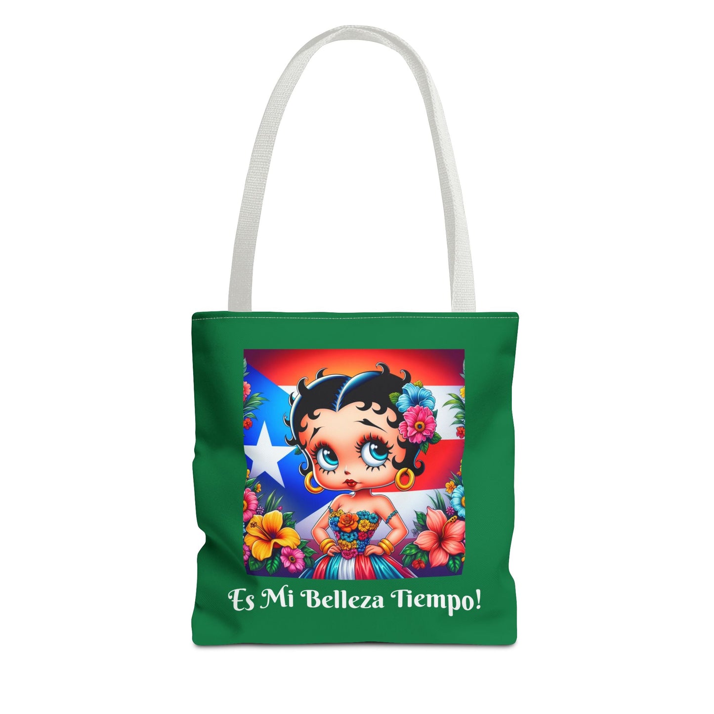 Betty Boop 'Es Mi Belleza Tiempo!' Green Tote Bag – Cute Puerto Rican Flag Floral Purse, Stylish Carryall, Chic Handbag