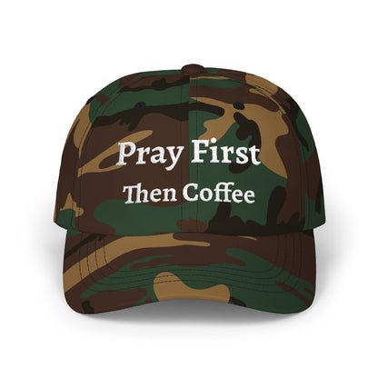 Classic Dad Cap with Inspirational Quote - Pray First Then Coffee Embroidery Cap, Casual Hat, Gift for Him, Gift for Her, Everyday Wear, Trendy Accessories