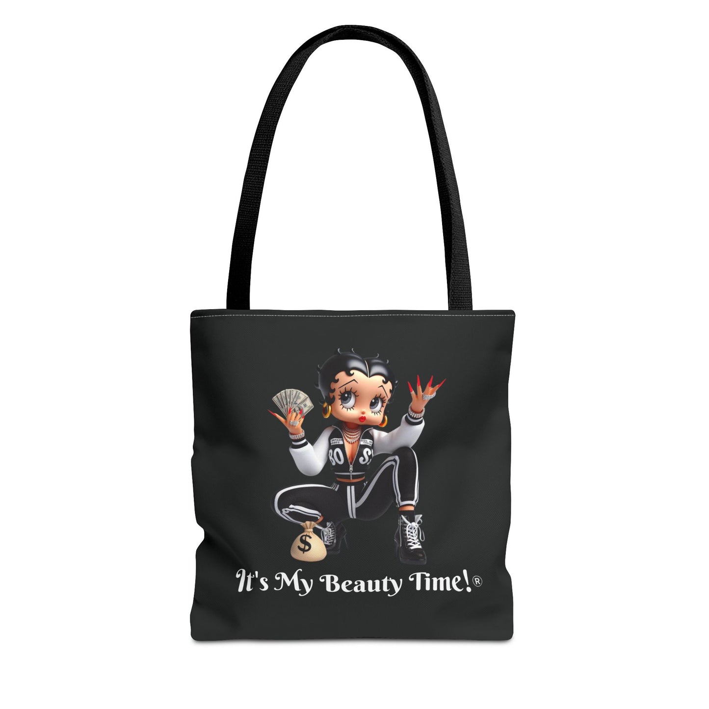 Money Babe Black Tote Bag — Cute Betty Boop Style Character Holding Cash & Money Bag, Everyday Shoulder Purse, Chic Carryall