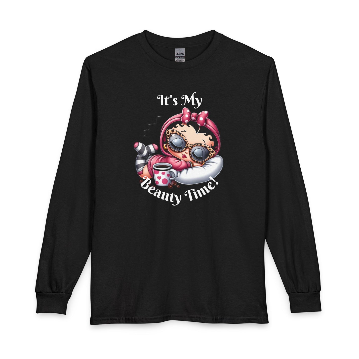 Long Sleeve Tee — “It’s My Beauty Time!” Relaxing Betty Boop Spa Graphic, Coffee Lover, Music Lover