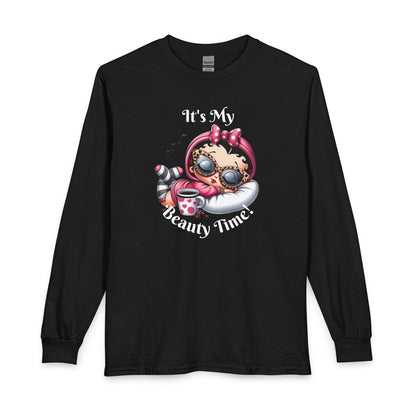 Long Sleeve Tee — “It’s My Beauty Time!” Relaxing Betty Boop Spa Graphic, Coffee Lover, Music Lover