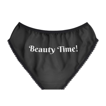 Women's Leopard Black Briefs — "It's My Beauty Time" Rose Print, Women's Underwear, Gift for Her, Pretty Panties