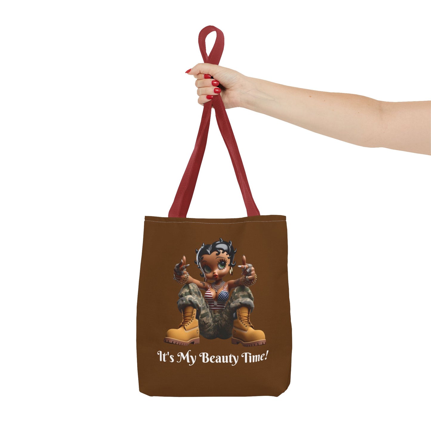 Patriotic Betty Boop Brown Tote Bag - Military Appreciation - Unique Shoulder Bag for Shopping, Travel, Work - Stylish Canvas Tote, Fun Cartoon Design, Gift for