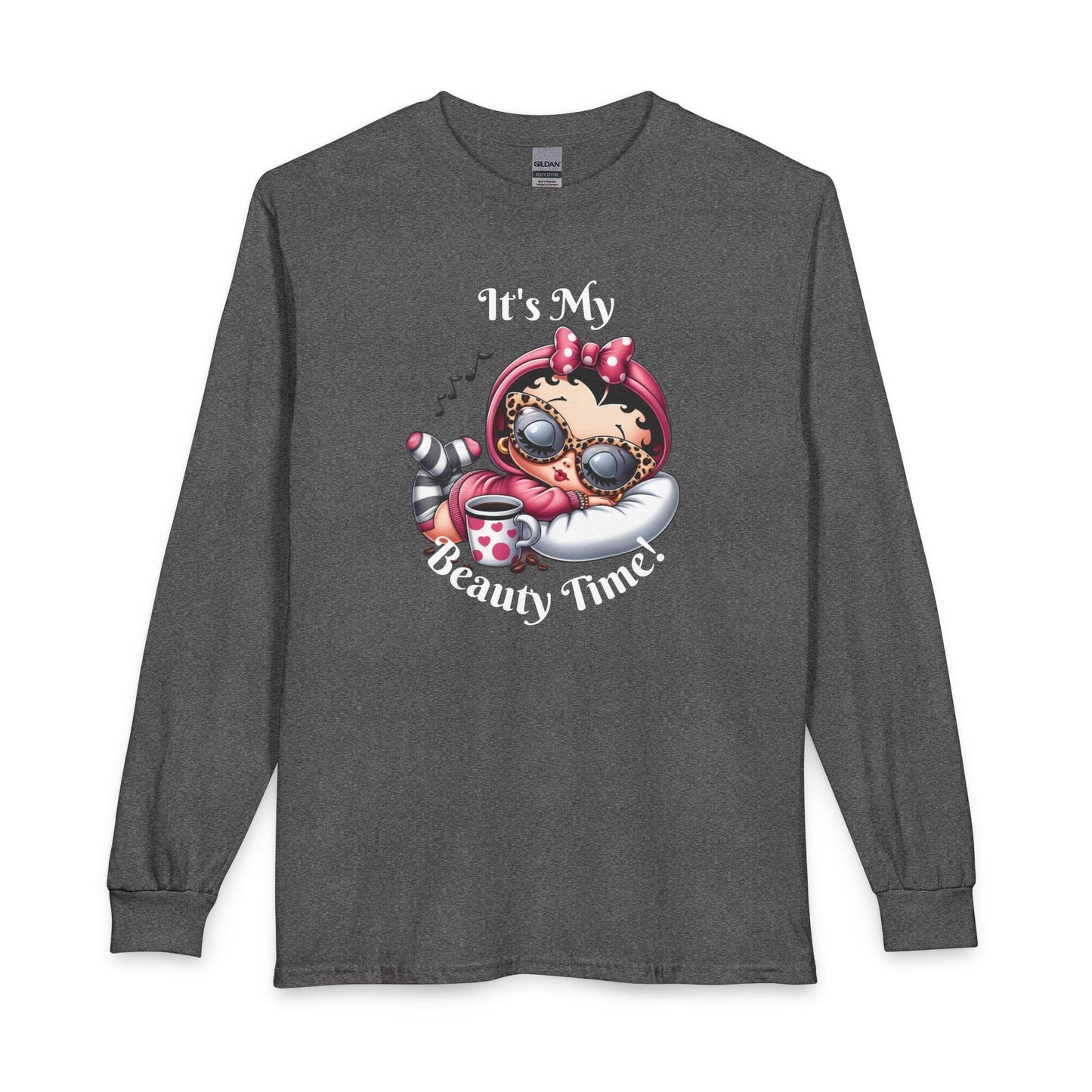 Long Sleeve Tee — “It’s My Beauty Time!” Relaxing Betty Boop Spa Graphic, Coffee Lover, Music Lover