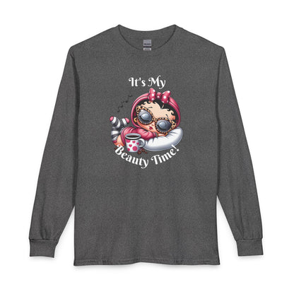 Long Sleeve Tee — “It’s My Beauty Time!” Relaxing Betty Boop Spa Graphic, Coffee Lover, Music Lover