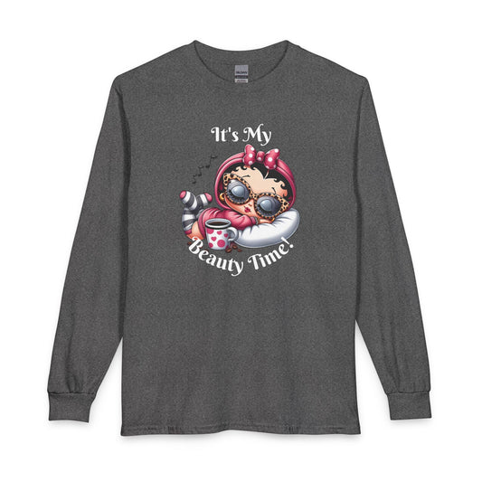 Long Sleeve Tee — “It’s My Beauty Time!” Relaxing Betty Boop Spa Graphic, Coffee Lover, Music Lover