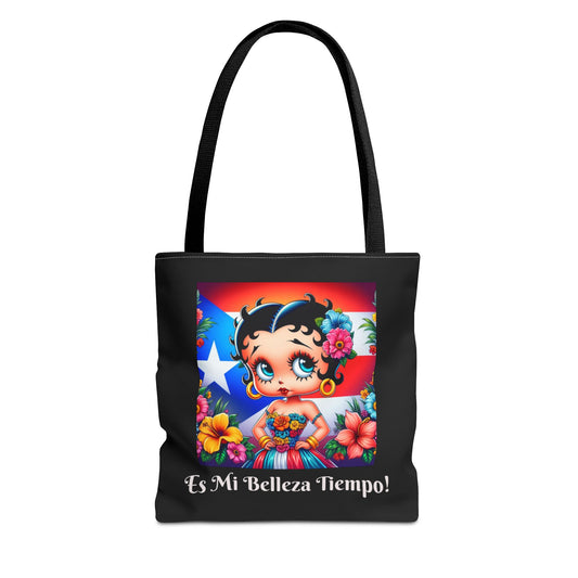 Betty Boop 'Es Mi Belleza Tiempo!' Black Tote Bag – Cute Puerto Rican Flag Floral Purse, Stylish Carryall, Chic Handbag